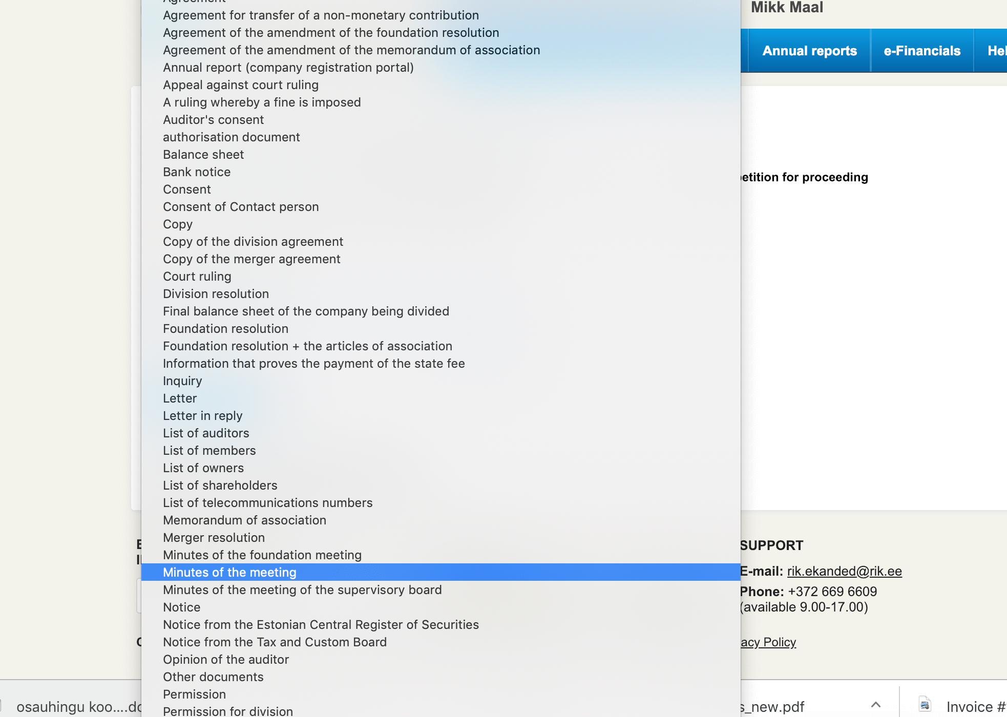 Additional documents select choices