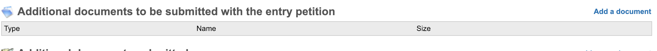 Additional documents to be submitted with the entry petition section