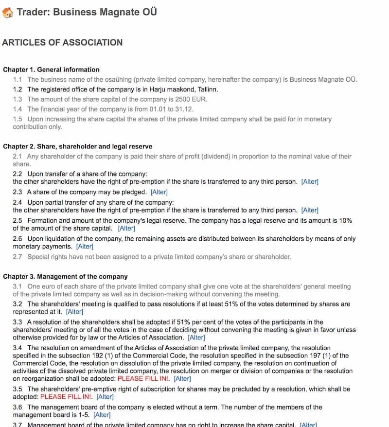 Article of Association section