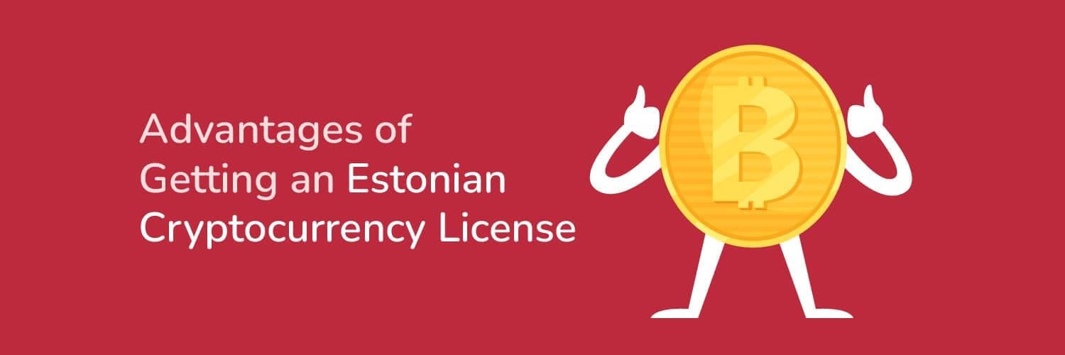 Title Advantages of Getting an Estonian Cryptocurrency License with an illustration of a giant bitcoin giving a thumbs up